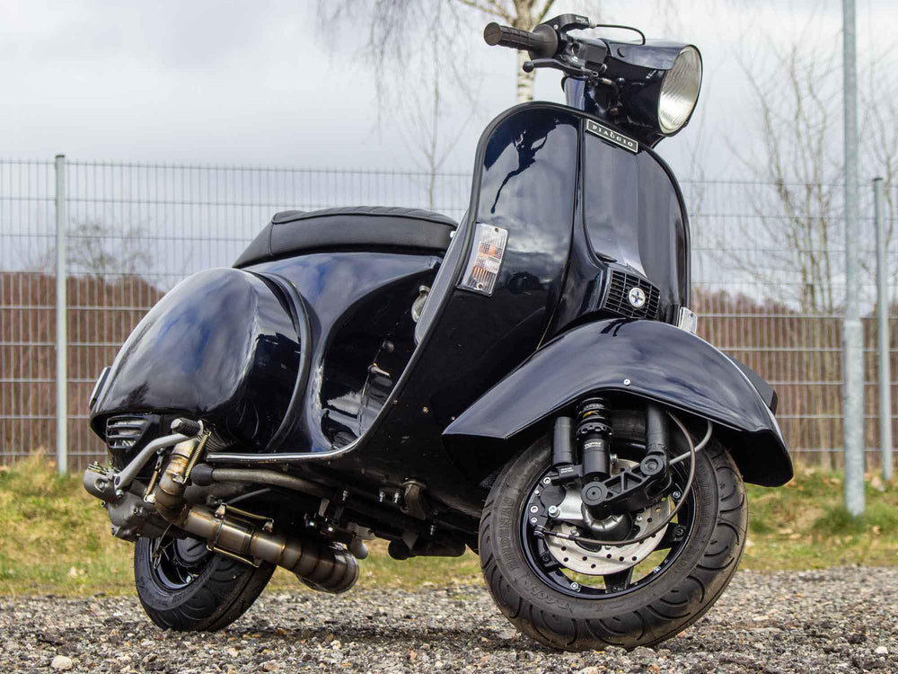 Custom Vespa Tuning PX 244ccm mit Scheibenbremse und Rennauspuff in Midnight Blue 