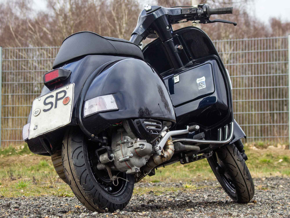 Custom Vespa Tuning PX 244ccm mit Scheibenbremse und Rennauspuff in Midnight Blue 