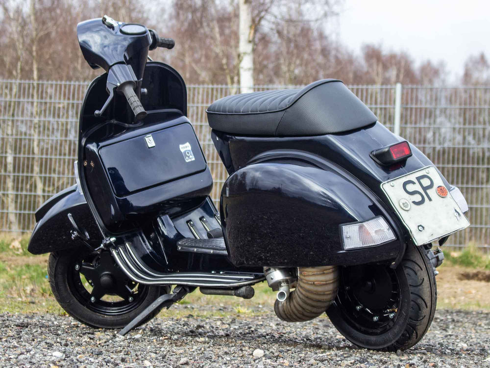 Custom Vespa Tuning PX 244ccm mit Scheibenbremse und Rennauspuff in Midnight Blue 