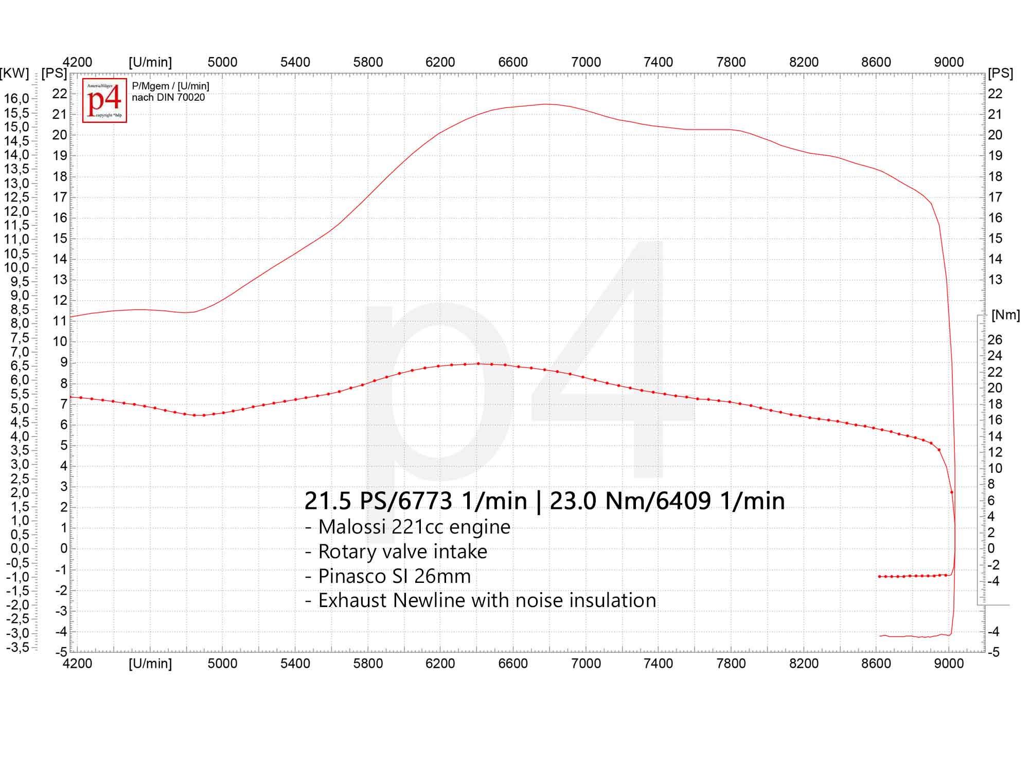 Leistungsdiagramm eines Vespa Motors mit Malossi 221ccm Zylinder